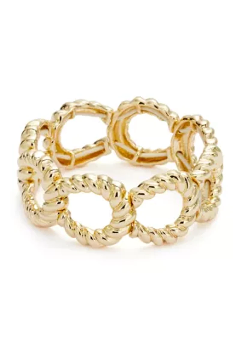 Gold Tone Ribbed Metal Stretch Bracelet