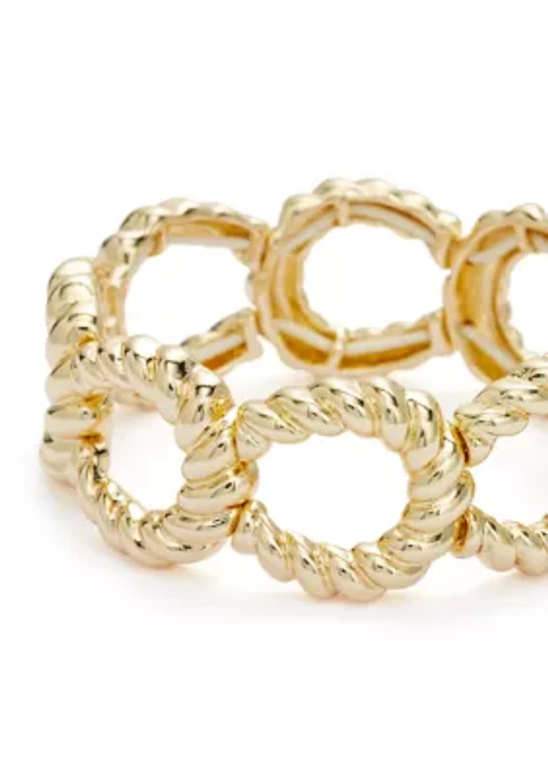 Gold Tone Ribbed Metal Stretch Bracelet