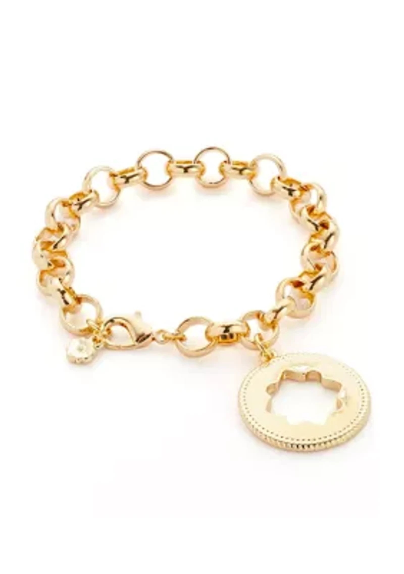 Gold Tone Quatrefoil Charm Line Bracelet