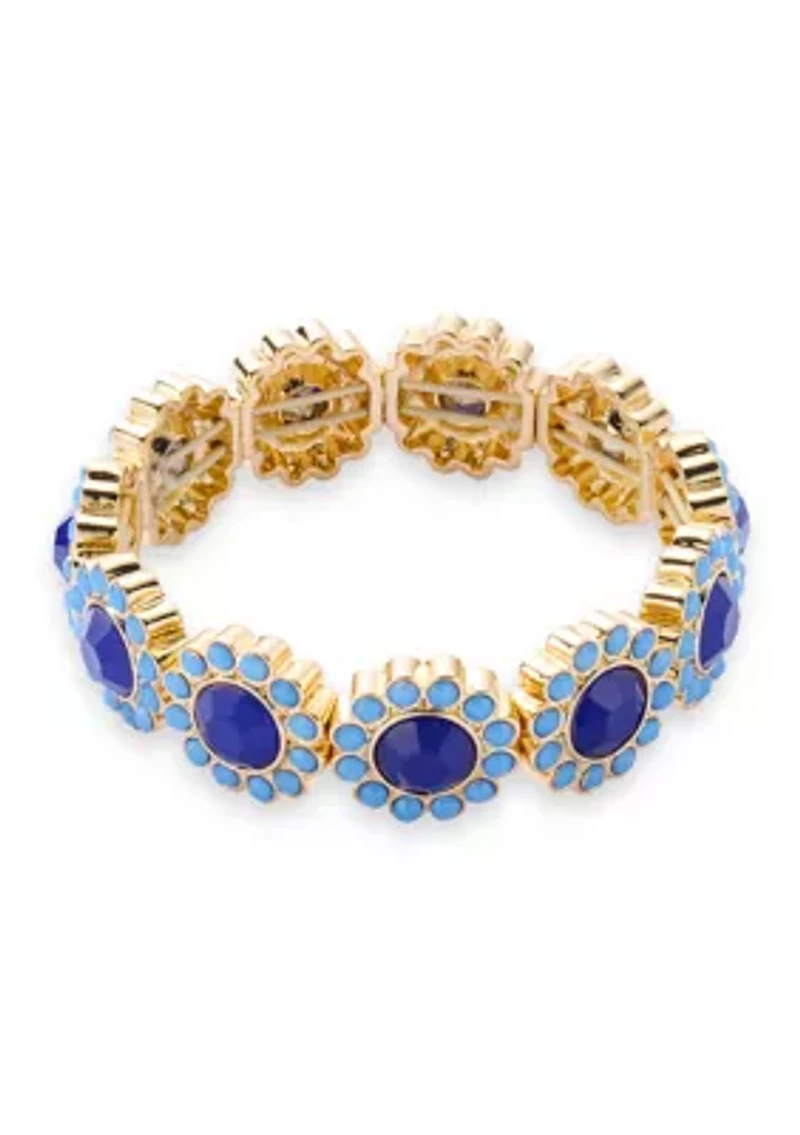 Gold Tone Blue Stone Cluster Stretch Bracelet