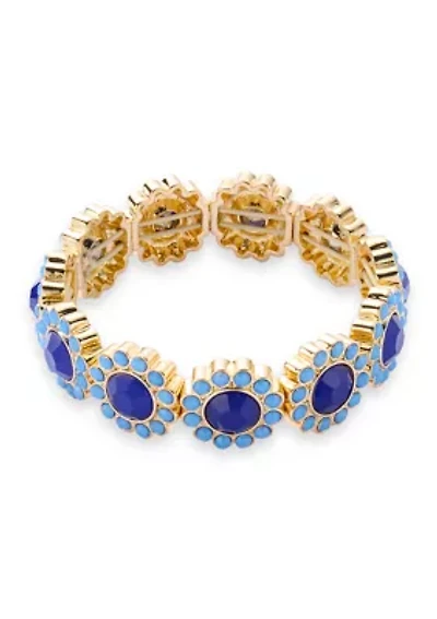 Gold Tone Blue Stone Cluster Stretch Bracelet