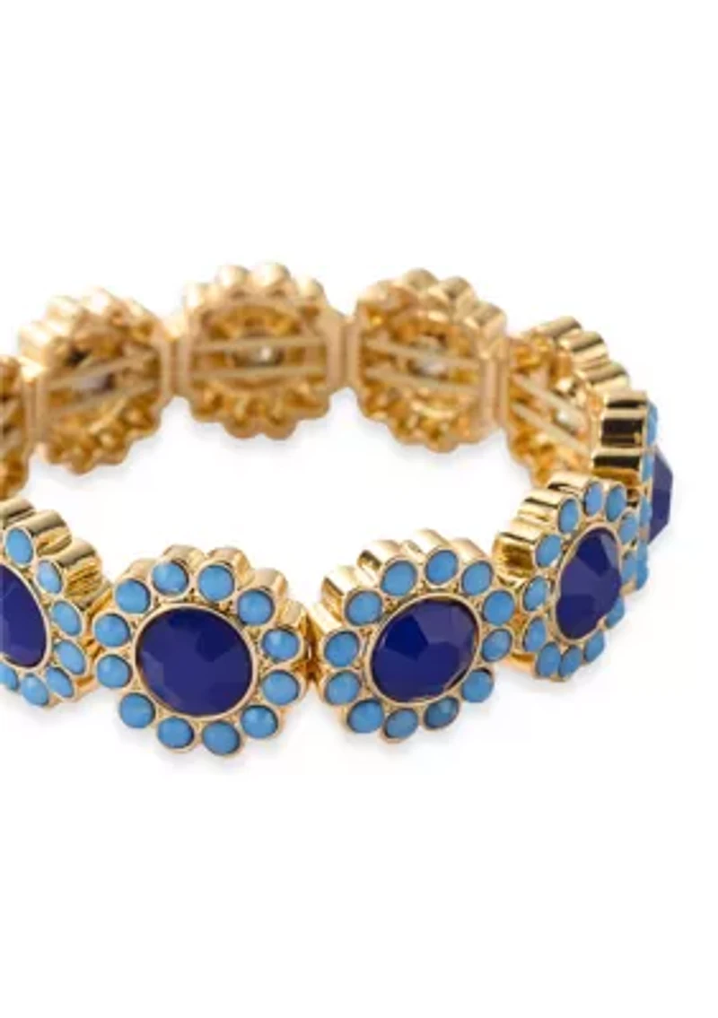 Gold Tone Blue Stone Cluster Stretch Bracelet