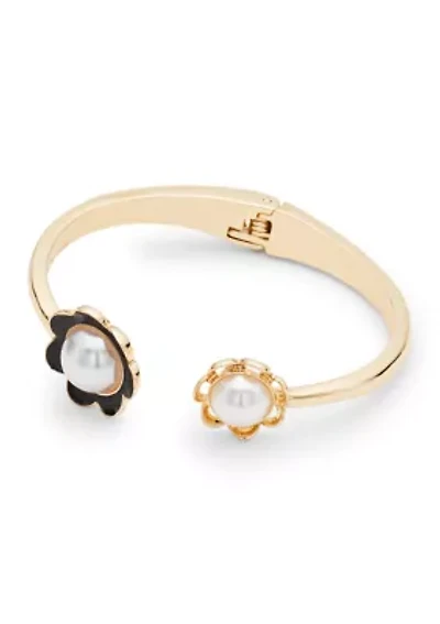 Gold Tone Double Flower Open Cuff Bracelet