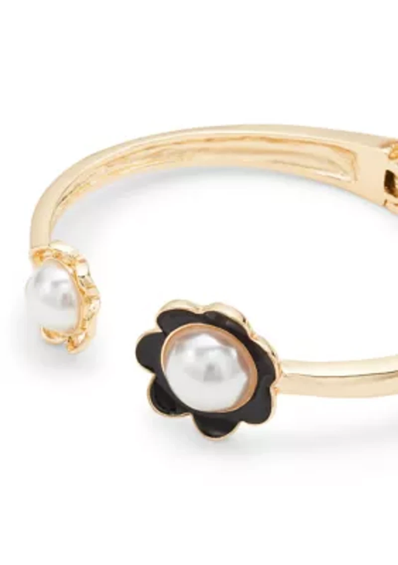 Gold Tone Double Flower Open Cuff Bracelet