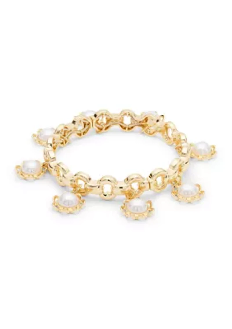 Gold Tone Shakey Pearl Flower Drop Stretch Bracelet