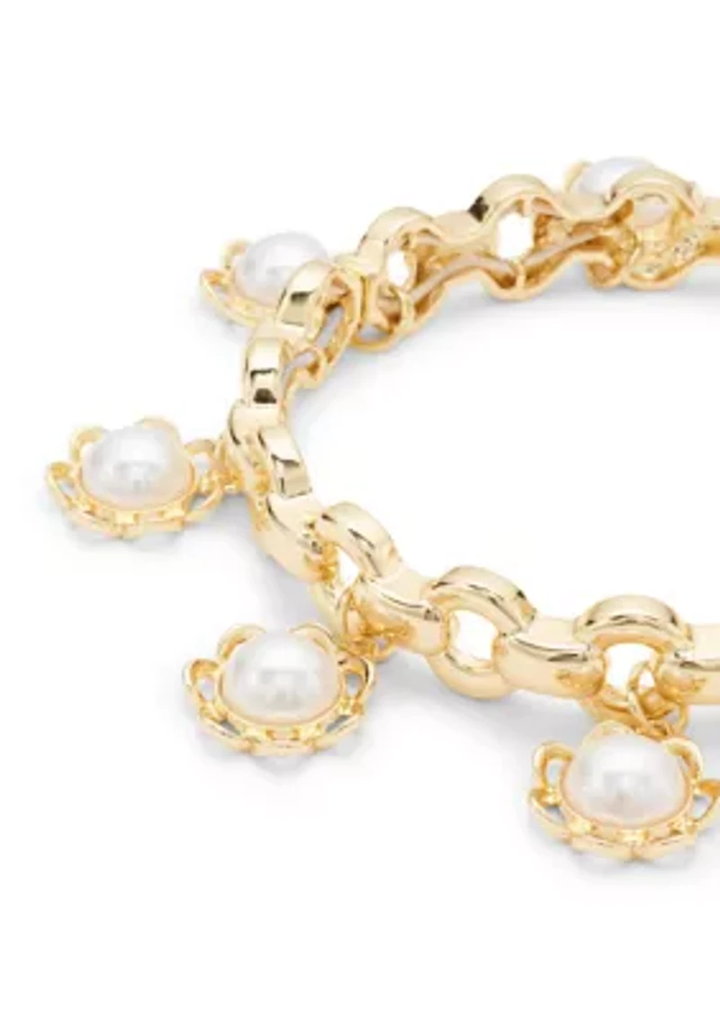 Gold Tone Shakey Pearl Flower Drop Stretch Bracelet