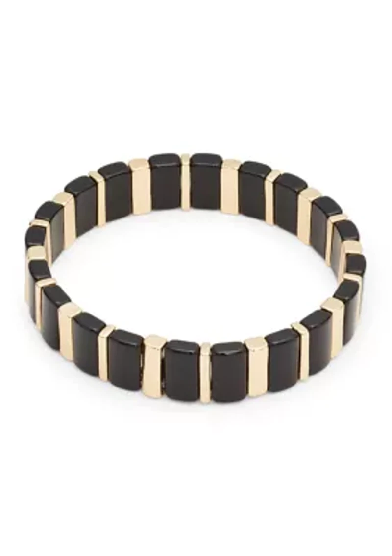 Gold Tone Black Wide Bead Stretch Bracelet