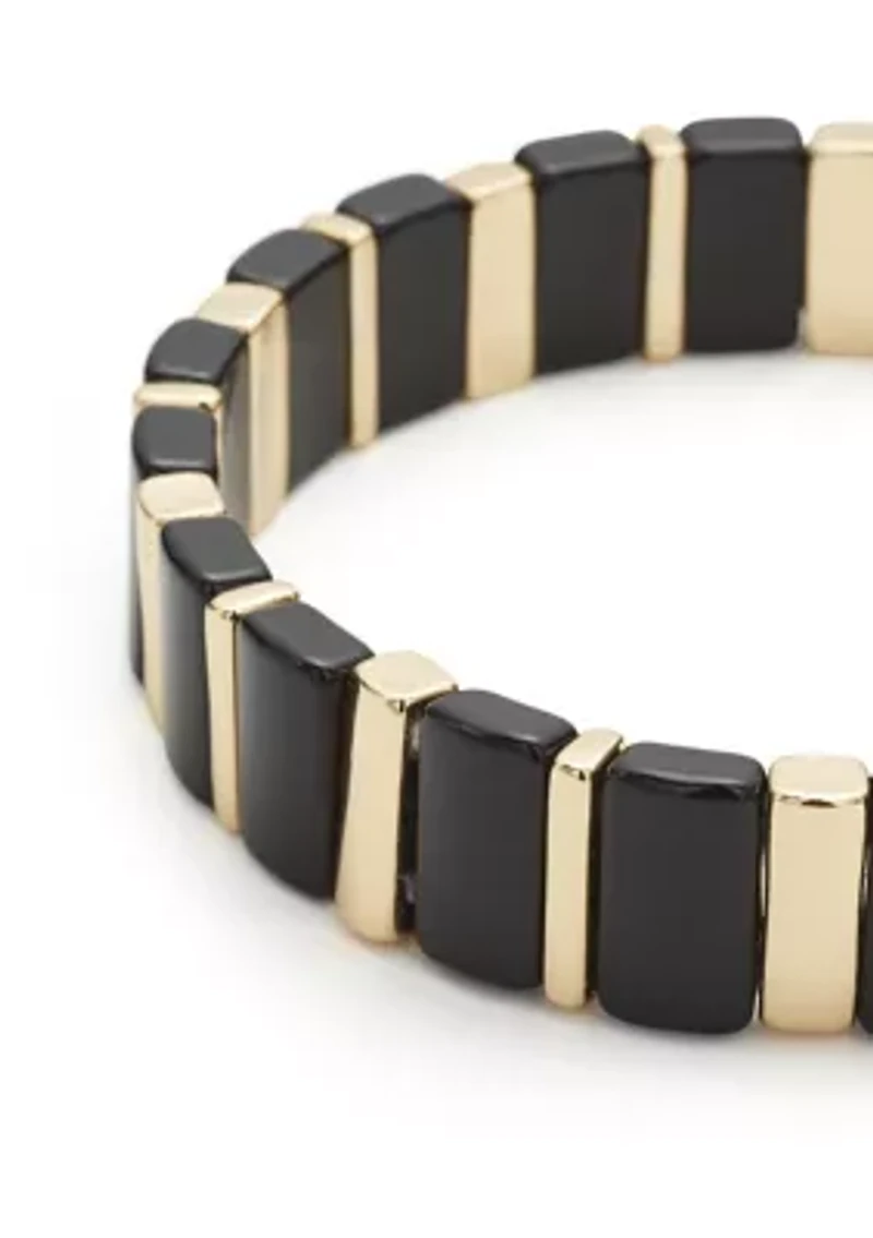 Gold Tone Black Wide Bead Stretch Bracelet