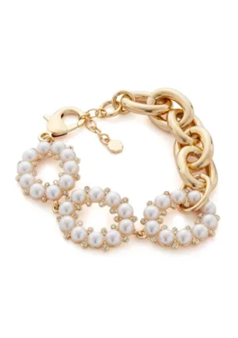 Gold Tone White Round Pearl and Chain Link Bracelet