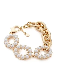 Gold Tone White Round Pearl and Chain Link Bracelet