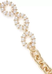 Gold Tone White Round Pearl and Chain Link Bracelet