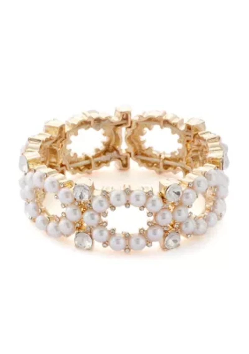 Gold Tone Round Pearl and Crystal Stretch Bracelet