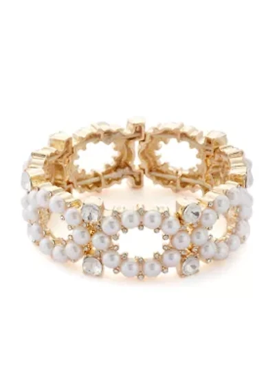 Gold Tone Round Pearl and Crystal Stretch Bracelet