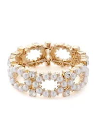 Gold Tone Round Pearl and Crystal Stretch Bracelet