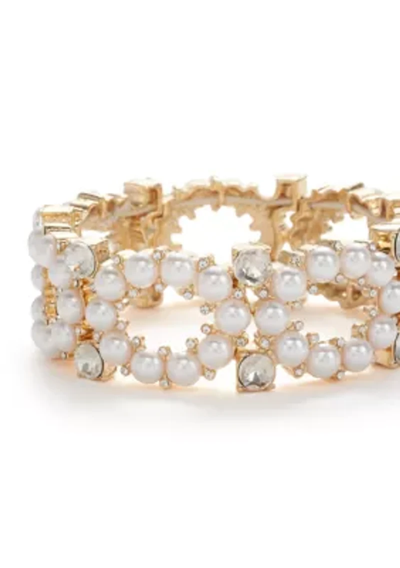 Gold Tone Round Pearl and Crystal Stretch Bracelet