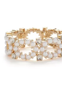Gold Tone Round Pearl and Crystal Stretch Bracelet