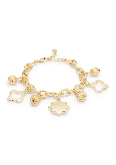 Gold Tone Shakey Quatrefoil Charm Line Bracelet