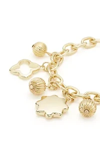 Gold Tone Shakey Quatrefoil Charm Line Bracelet