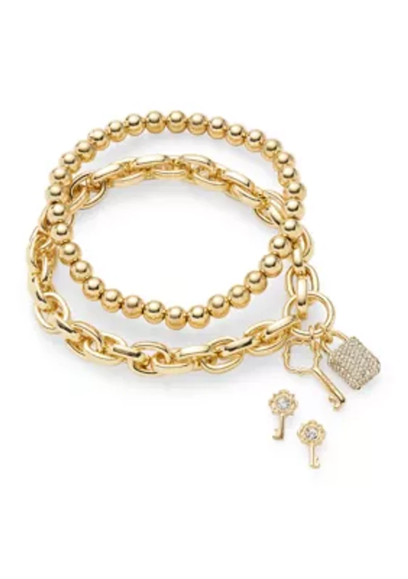 Gold Tone Pavé Key Stud Earrings and Charm Bracelet Set