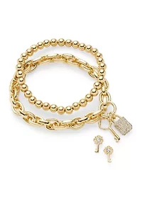 Gold Tone Pavé Key Stud Earrings and Charm Bracelet Set