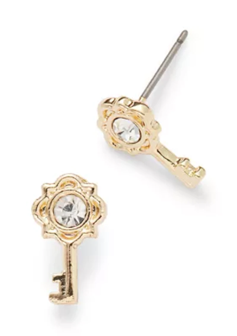 Gold Tone Pavé Key Stud Earrings and Charm Bracelet Set