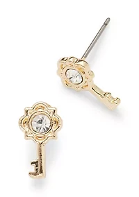 Gold Tone Pavé Key Stud Earrings and Charm Bracelet Set