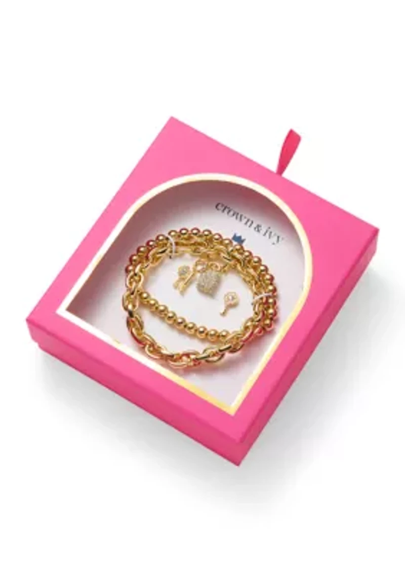 Gold Tone Pavé Key Stud Earrings and Charm Bracelet Set