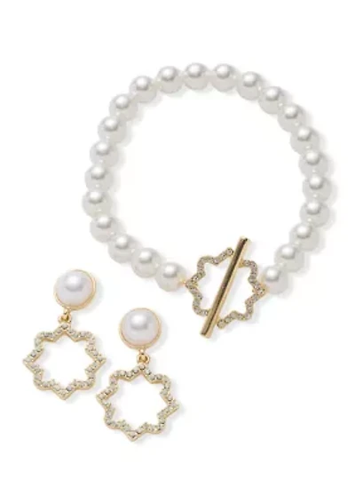 Gold Tone Quatrefoil Drop Earrings and Pearl Necklace Set