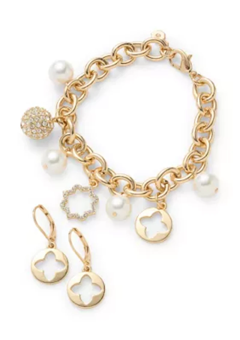 Quatrefoil Pearl Drop Charm Bracelet and Earrings Set