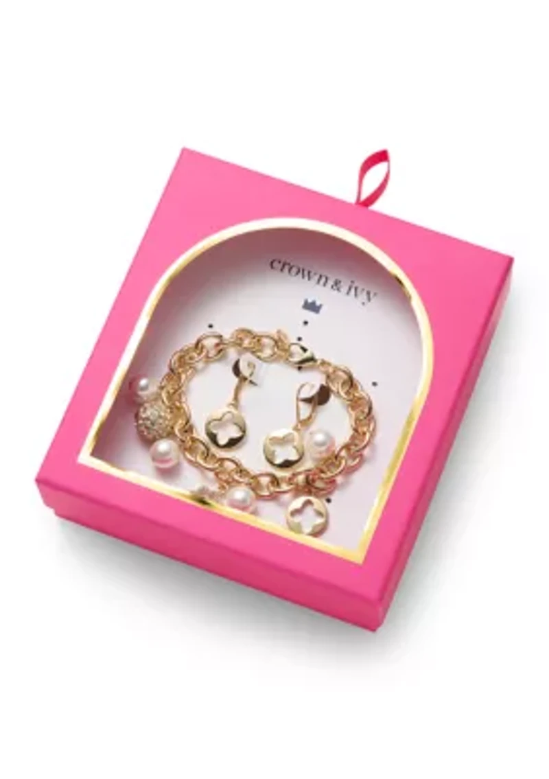Quatrefoil Pearl Drop Charm Bracelet and Earrings Set