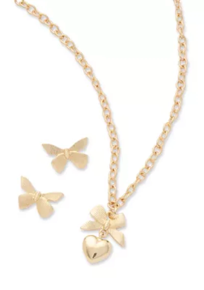 Gold Tone Bow Stud Earrings and Pendant Necklace Set