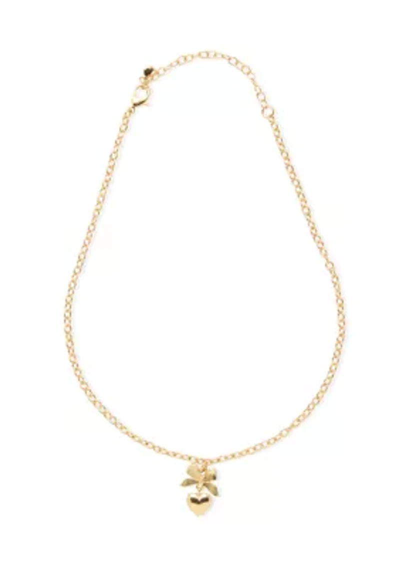 Gold Tone Bow Stud Earrings and Pendant Necklace Set