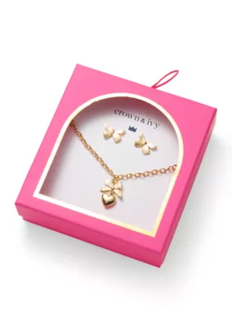 Gold Tone Bow Stud Earrings and Pendant Necklace Set