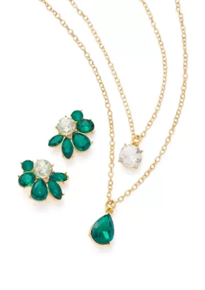 Gold Tone Cluster Stud Earrings and Multirow Pendant Necklace Set