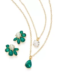 Gold Tone Cluster Stud Earrings and Multirow Pendant Necklace Set