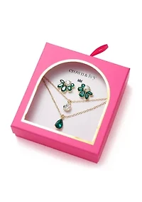 Gold Tone Cluster Stud Earrings and Multirow Pendant Necklace Set