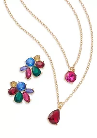 Gold Tone Cluster Stud Earrings and Multirow Pendant Necklace Set