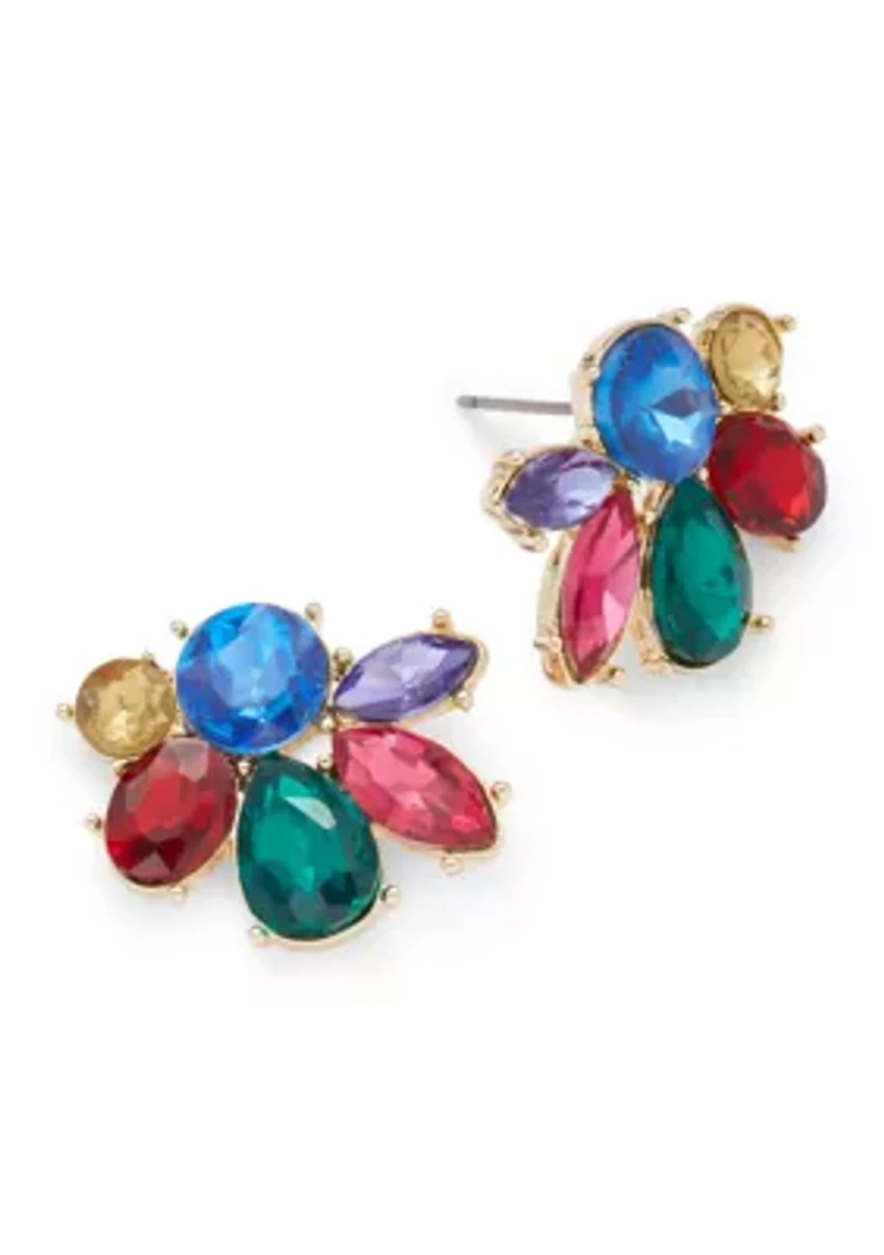 Gold Tone Cluster Stud Earrings and Multirow Pendant Necklace Set