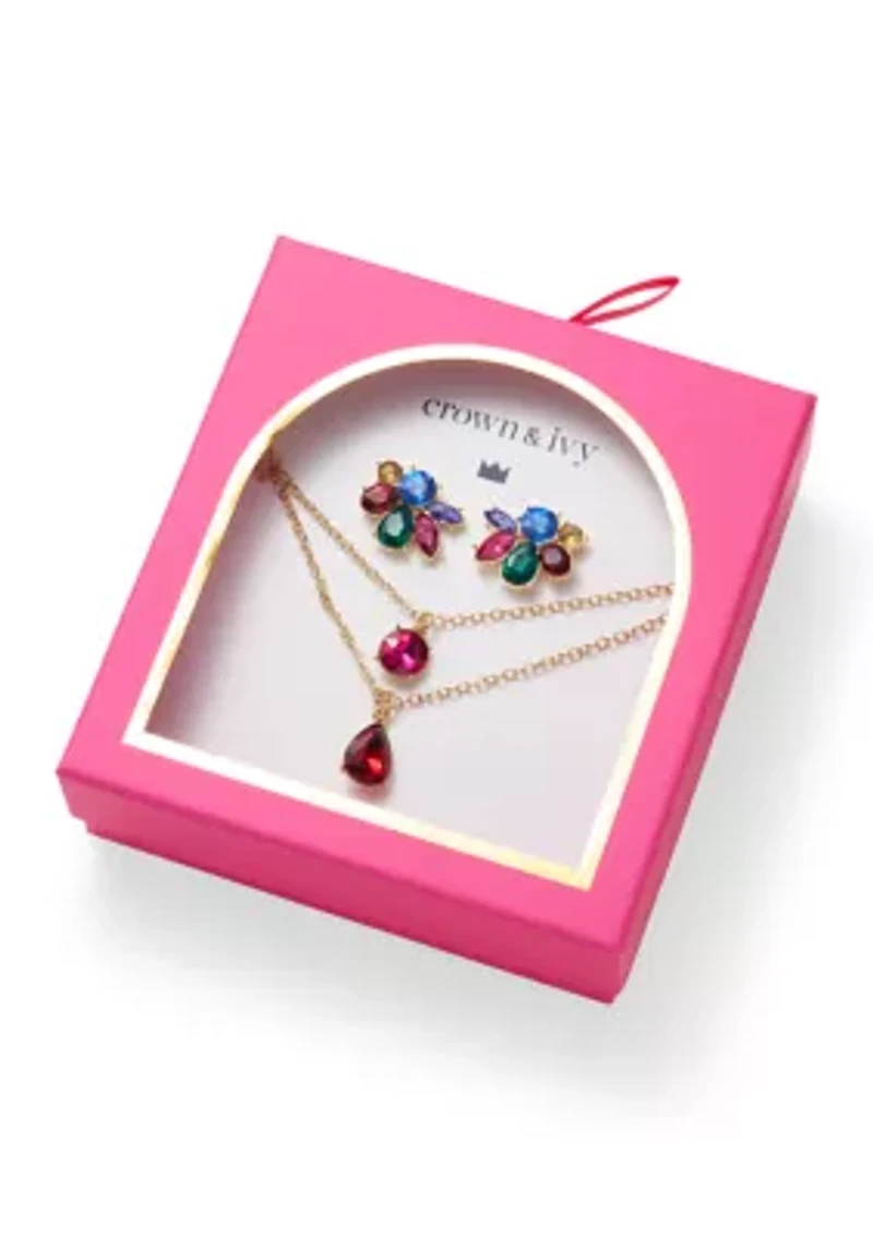 Gold Tone Cluster Stud Earrings and Multirow Pendant Necklace Set