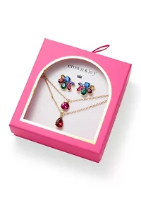 Gold Tone Cluster Stud Earrings and Multirow Pendant Necklace Set