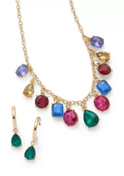 Gold Tone Drop Hoop Earrings and Shakey Frontal Necklace Set