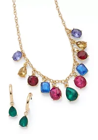 Gold Tone Drop Hoop Earrings and Shakey Frontal Necklace Set