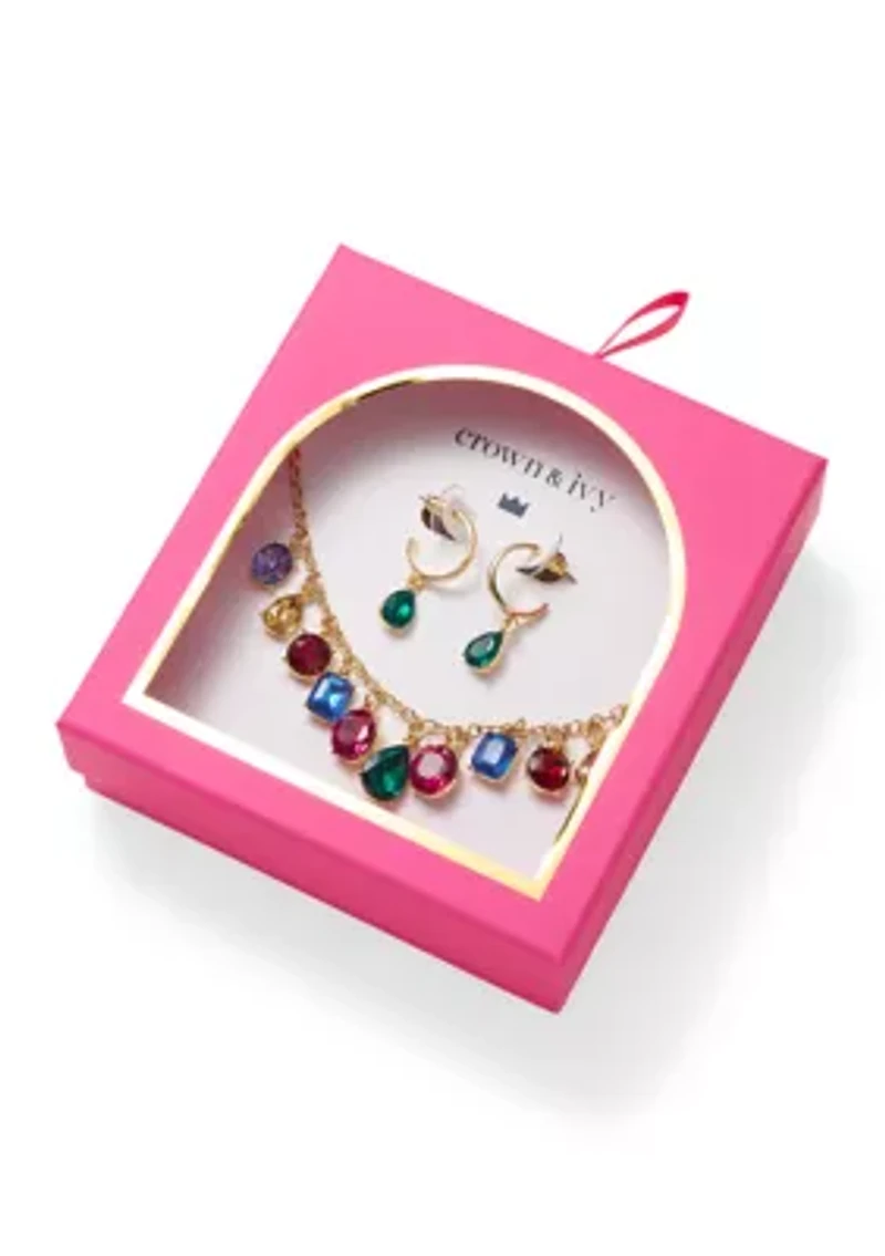 Gold Tone Drop Hoop Earrings and Shakey Frontal Necklace Set