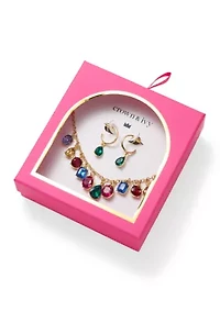 Gold Tone Drop Hoop Earrings and Shakey Frontal Necklace Set