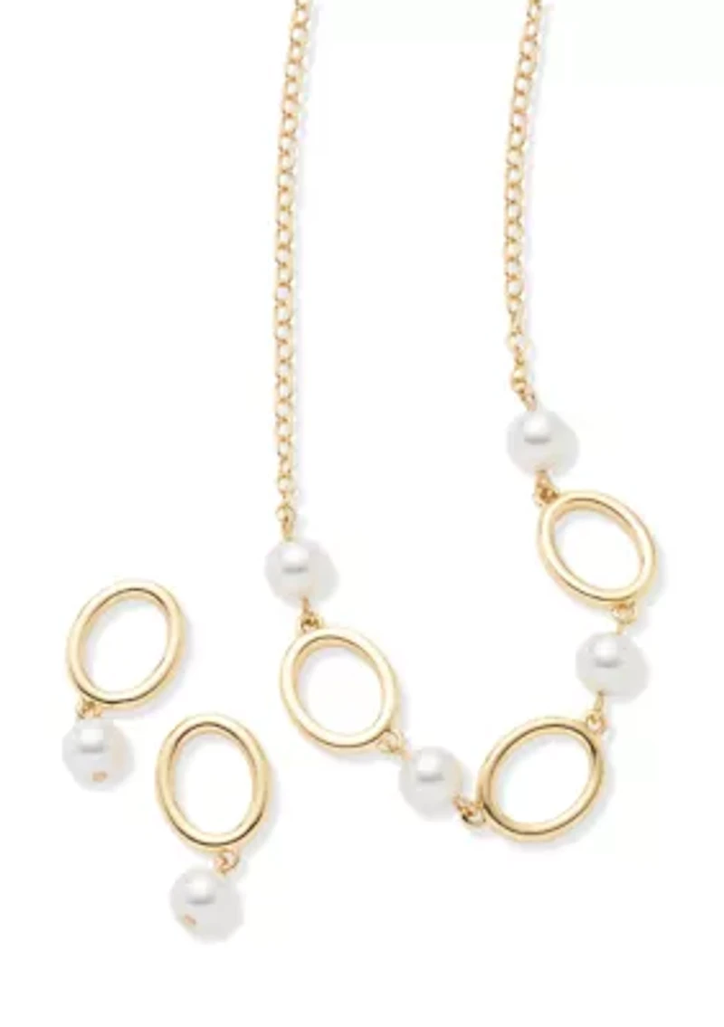 Gold Tone Oval Pearl Drop Earrings and Frontal Necklace