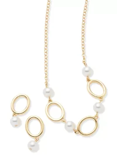 Gold Tone Oval Pearl Drop Earrings and Frontal Necklace