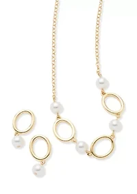 Gold Tone Oval Pearl Drop Earrings and Frontal Necklace