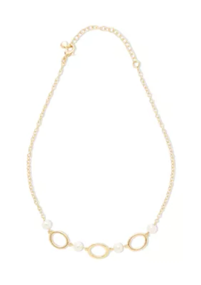 Gold Tone Oval Pearl Drop Earrings and Frontal Necklace