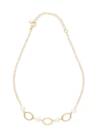 Gold Tone Oval Pearl Drop Earrings and Frontal Necklace