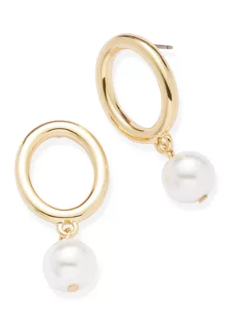 Gold Tone Oval Pearl Drop Earrings and Frontal Necklace